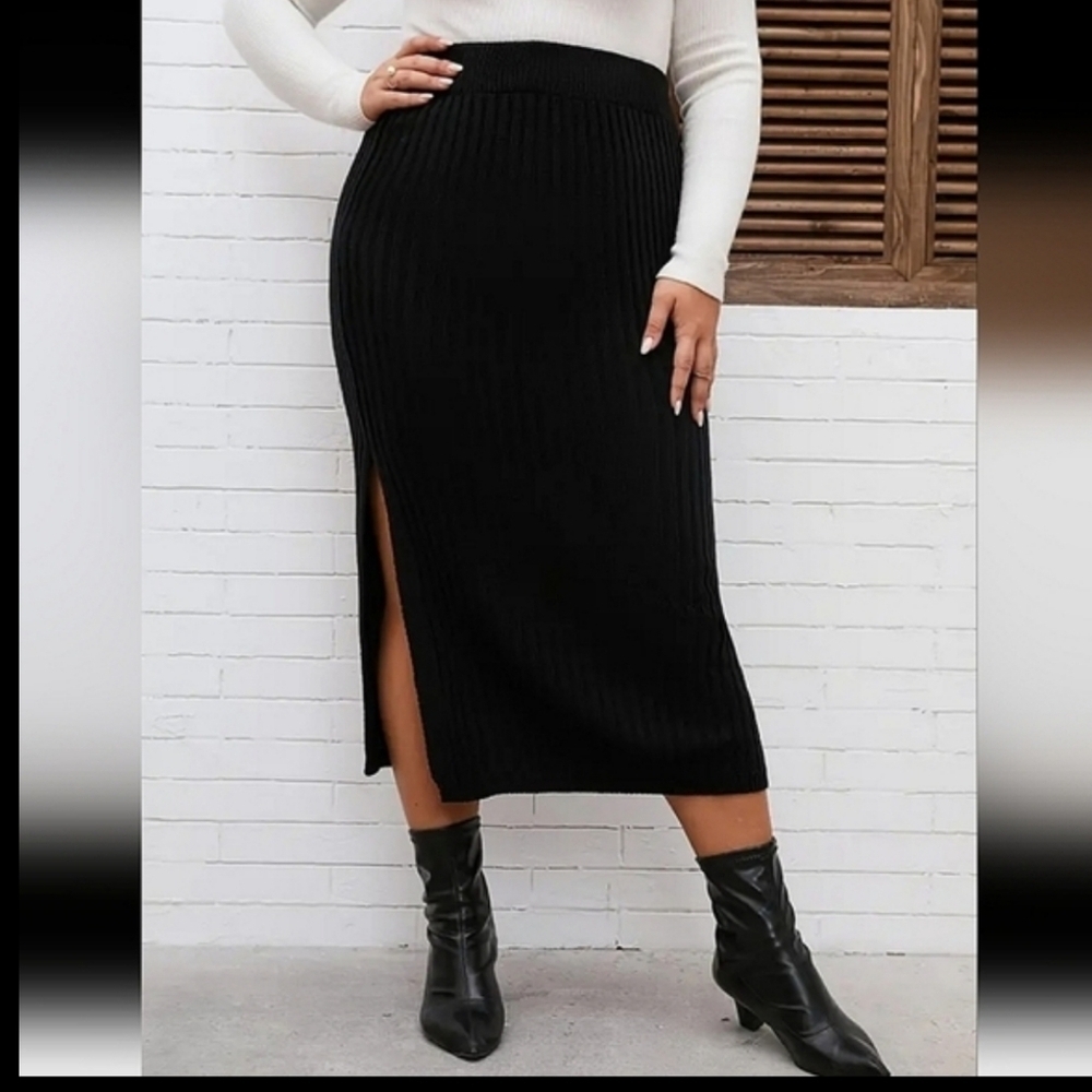Time And Tru  Ribbed Black Midi Skirt Semi-Fitted Size Small Thru 2X - Picture 14 of 17